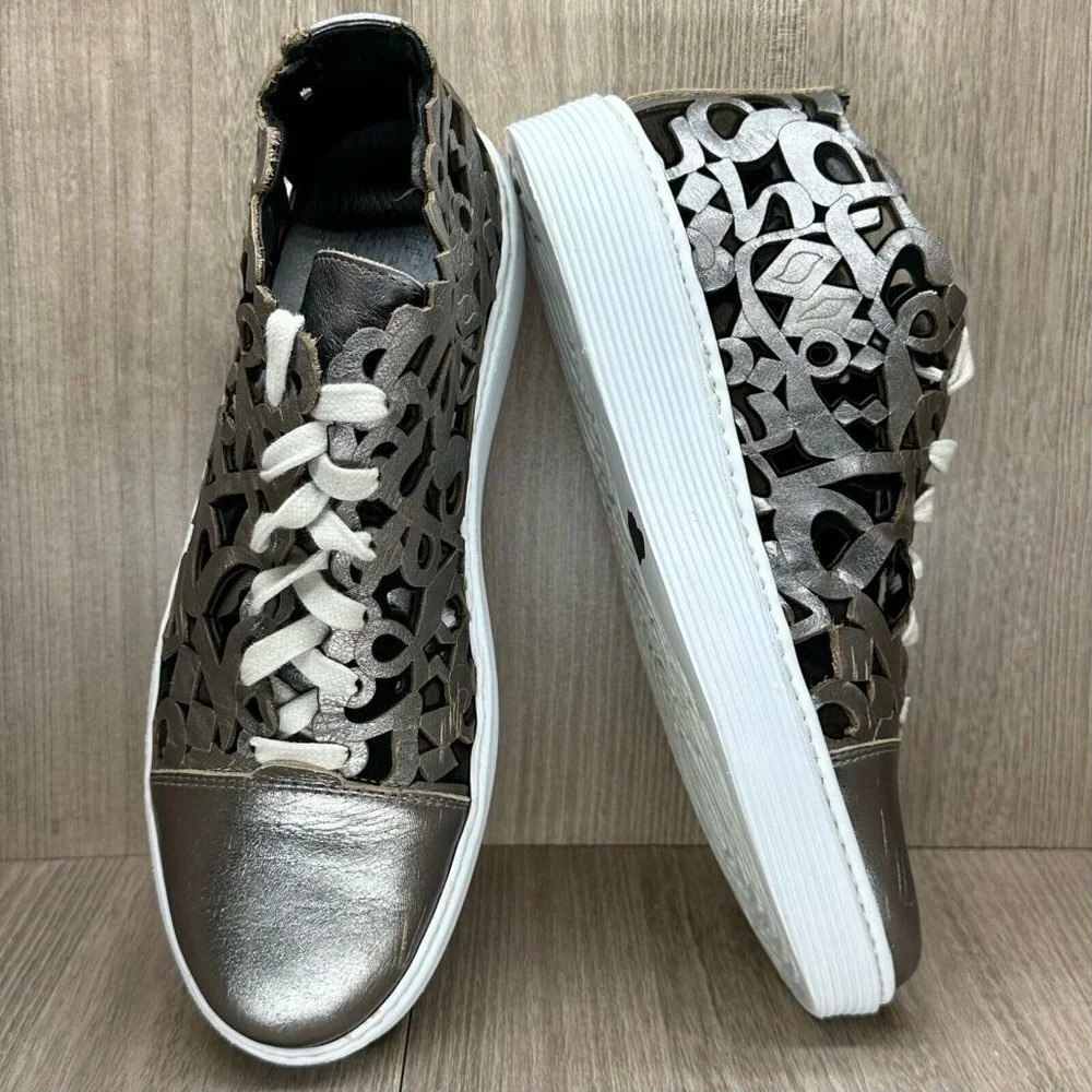 AREA FORTE Shoes Women Sz 39 US 9 Laser-Cut Sneakers Leather Pewter Silver Italy - Picture 8 of 13